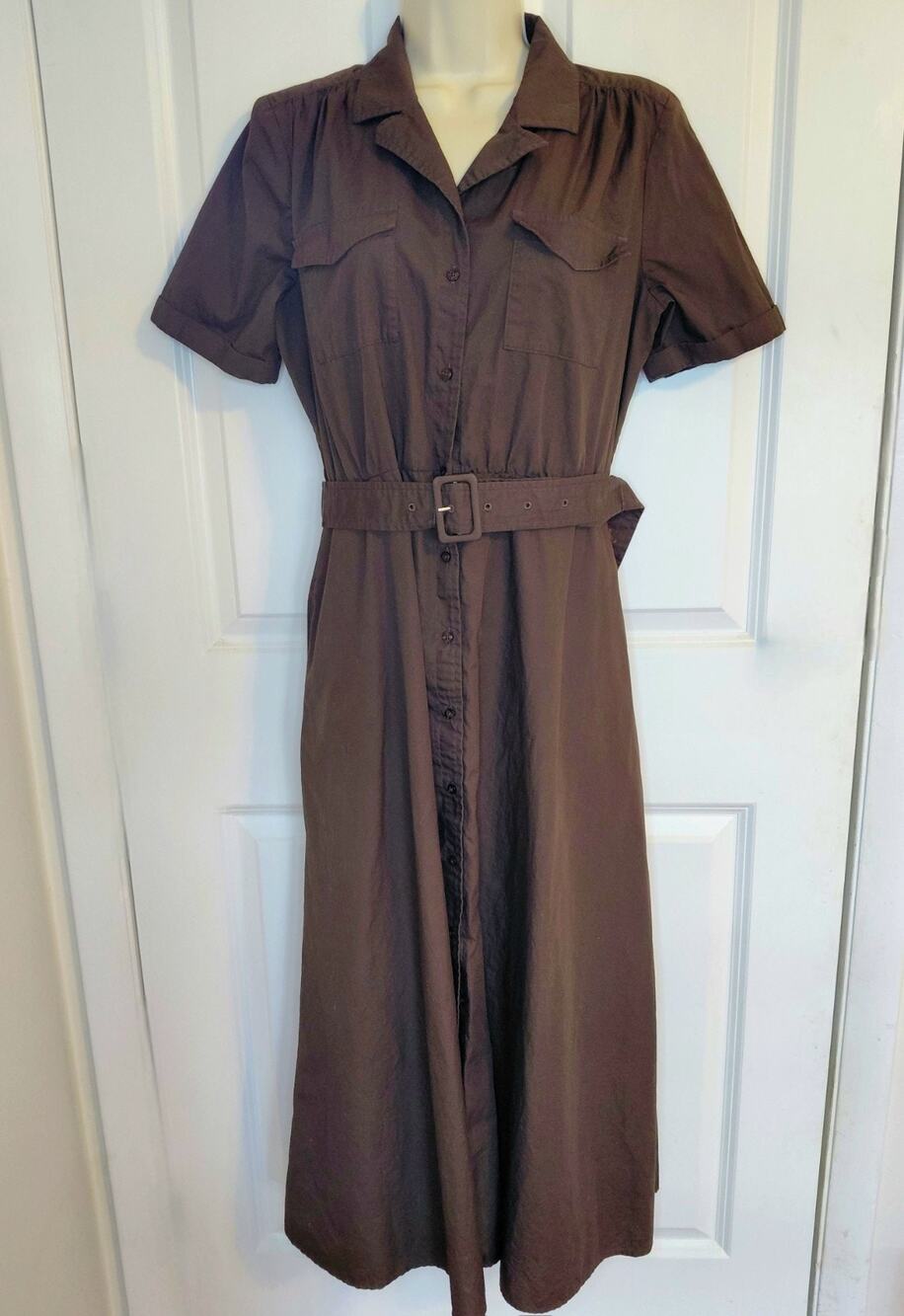 Calvin Klein Dark Brown Short Sleeve Belted Utility Midi Shirt Dress 8 Workwear
